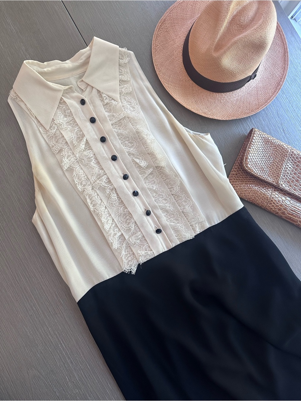 Vintage Chiffon Two-Tone Black and Cream Tuxedo Ruffle Dress